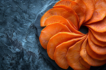 Artistic arrangement of sliced sweet potatoes in a spiral pattern, showcasing their vivid orange color and natural textures on a sleek, dark surface.. AI generated.