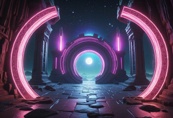 Wall Mural - Abstract circular gate to a surreal galaxy of ancient stone and cosmic light: The creative adventure of a generative AI in a spiritual universe