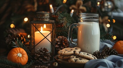 Canvas Print - Festive scene with milk and cookies cozy lantern light holiday decor mandarins and pine cones in the background