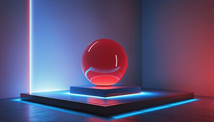 Wall Mural - three-dimensional neon geometric background with minimalist rock platform on glass ball, glowing arc