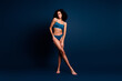 © deagreez - No retouch photo of gorgeous pretty lady underwear lingerie accepting imperfections empty space isolated blue color background