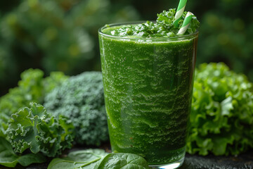 Poster - A green smoothie with spinach and kale, highlighting detox drinks. Concept of cleansing and nutrition. Generative Ai.