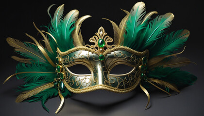 Wall Mural - Extravagant Venetian Mask with Emerald and Gold Feathers in a Mysterious Carnival Setting