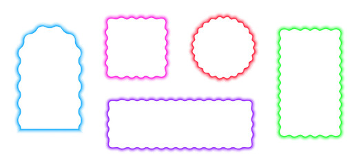 Wall Mural - Set of colorful arch, square, circle and rectangle frames with wavy edges. Geometric shapes with wavy borders in blurry neon aura effect isolated on white background. Vector illustration.