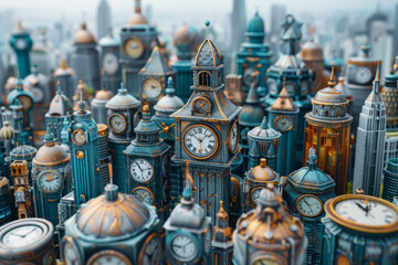 Wall Mural - a city skyline where the buildings are shaped like different types of clocks. concept of urban time.