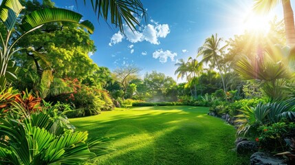 Wall Mural - A lush green garden with a palm tree in the background.