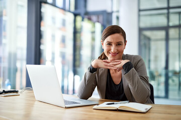 Poster - Laptop, portrait and business woman in office for planning schedule, information or research in Italy. Face, secretary or professional entrepreneur with book, employee or happy receptionist working