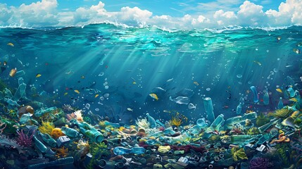 Wall Mural - plastic waste and bottles garbage undersea or ocean bottom as wide banner for environmental and recycle concepts