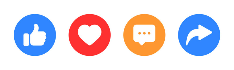 Like, comment, share icon button set. Social media notification icons : Thumbs up and love heart flat icon , social network user interface flat icons, post reactions. Vector illustration