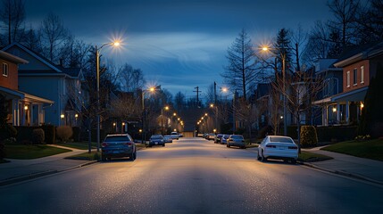 Poster - residential neighborhood at night with lights for real estate and home ownership concepts as wide banner with copyspace area