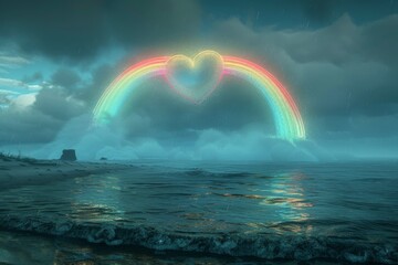 Canvas Print - Ethereal Neon Rainbow and Heart Reflection over Ocean, Capturing a Dreamy and Serene Seascape