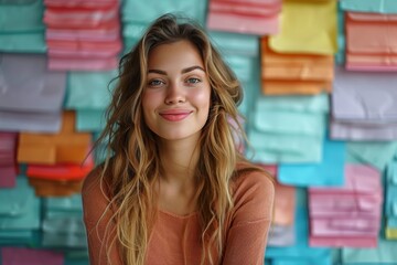 Wall Mural - A portrait of a smiling young woman with loose hair in front of a vibrant background of multicolored sticky notes