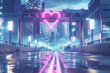 Sticker - Futuristic Cityscape with Neon Heart Lights, Capturing a Dynamic and Modern Urban Scene