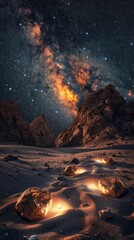 Poster - Glowing rocks illuminating a path in the desert under the milky way