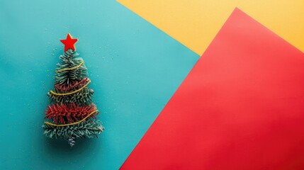 Poster - Handcrafted Christmas tree on colorful background from above viewing angle