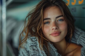 Close-up image of a young woman with freckles and messy hair, giving a soft smile in a cozy setting