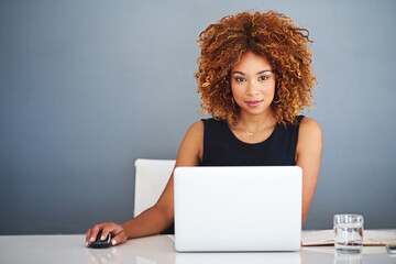 Aufkleber - Business, studio and woman with portrait, laptop and mockup for online project, research or admin. Confidence, office and consultant at desk with computer, networking and agenda on blue background.