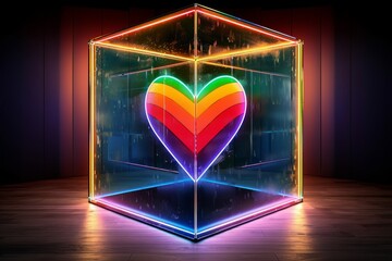 Wall Mural - Neon Heart Cube with Rainbow Light on Dark Background, Creating a Futuristic and Mesmerizing Visual Display