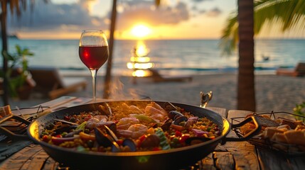 Wall Mural - A pan of a meal with seafood and wine on the beach, AI