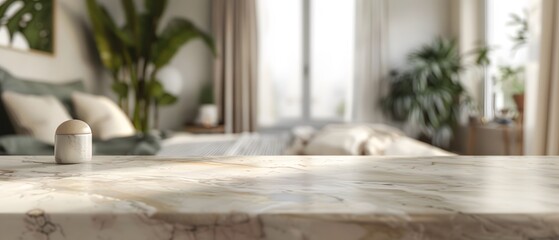 Wall Mural - the elegance of an empty marble stone table against a softly blurred bedroom interior, offering a versatile mock-up space for showcasing products or design layouts in high-definition realism