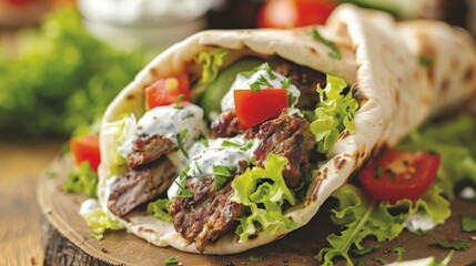 Wall Mural - A close up of a pita filled with meat and vegetables, AI