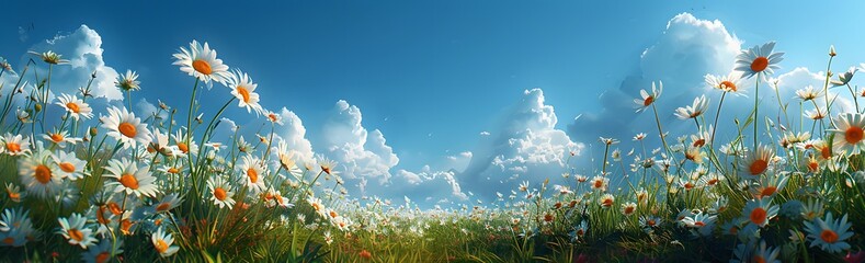 the enchanting allure of a sun-kissed countryside, where vibrant daisies sway gracefully in a sea of lush green grass, under the azure sky of a perfect spring day. Realistic HD