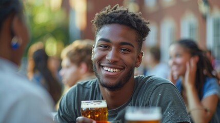 Wall Mural - A man smiling while holding a beer in his hand, AI