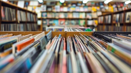 Wall Mural - As you wander through the aisles of this defocused record store the faded album covers come into focus each one telling a story of a time gone by. The soft hum of nostalgic music fills .