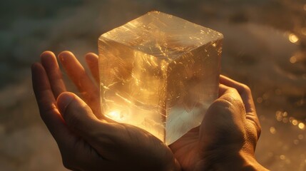 Canvas Print - A person holding a crystal in their hands with water around it, AI