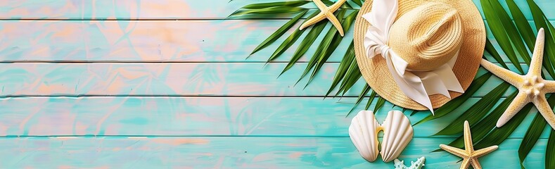 Tropical Summer Beach Vacation Accessories on a Wooden Background