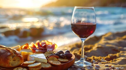 A glass of wine and cheese on a beach with the ocean in background, AI