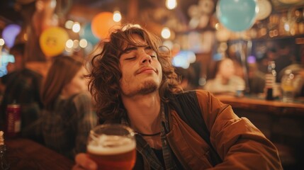 Poster - A man with long hair holding a beer in his hand, AI