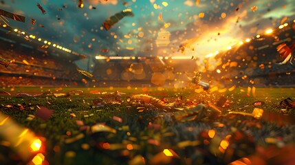 Wall Mural - the euphoria of a soccer championship win in a vibrant stadium arena at dusk, with tinsel, confetti, and a golden yellow toning adding to the celebratory atmosphere. Realistic HD