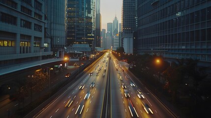 Wall Mural - the graceful movement of evening traffic on a city highway, framed by towering modern skyscrapers, each illuminated by the warm glow of twilight, creating a mesmerizing urban symphony. Realistic HD