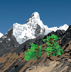 Sticker - Mount Ama Dablam and pine trees vector illustration, Himalayas mountains, Khumbu valley, Everest area, Nepal