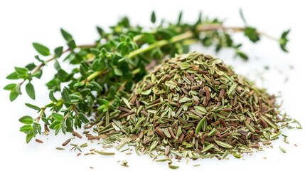 Wall Mural - Close up of green thyme and dried thyme leaves isolated on a white background