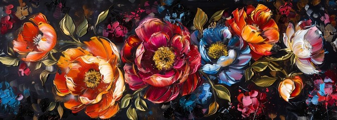 Wall Mural - Oil painting flowers art on canvas horizontal banner wallpaper background