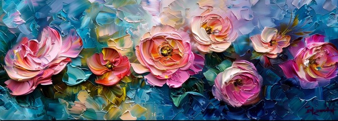 Oil painting flowers art on canvas horizontal banner wallpaper background
