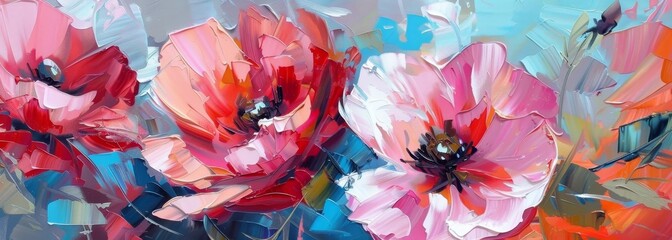 Wall Mural - Oil painting flowers art on canvas horizontal banner wallpaper background