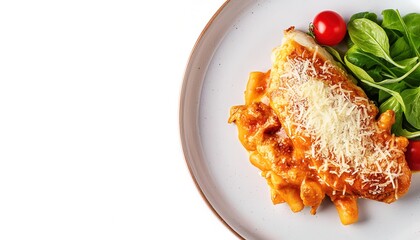 chicken Parm Parmesan often served with spaghetti noodles, linguine and fettuccine to rigatoni and farfalle pasta in restaurants with red tomato sauce, cheese, and basil. isolated on white background