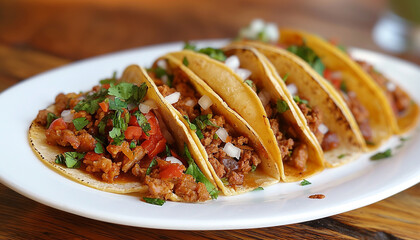 Mexican tacos al pastor food photography  Three Soft Tacos on white plate
