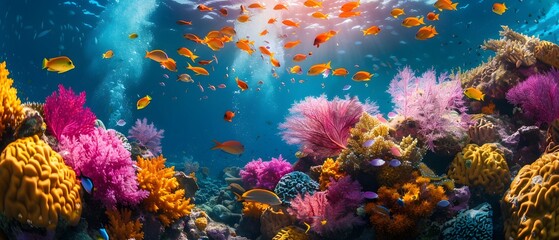Wall Mural - Vibrant marine life glides elegantly amidst the coral reef, flaunting an enchanting palette of colors that outshines the tropical sunset