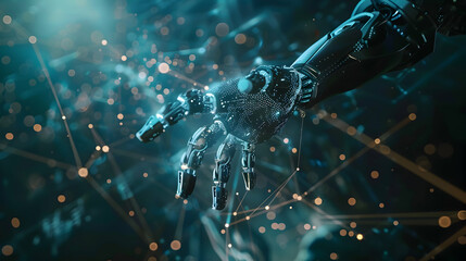 AI, Robot, Cyborg and Humanoid, Machine learning, AI Chat, Hand of robot humanoid touch a big data network connection on cyberspace, Science and artificial intelligence technology for futuristic.


