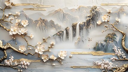 Wall Mural - Volumetric stucco molding on a concrete wall with golden elements, featuring a Japanese landscape with a waterfall, mountains, and blooming sakura trees. Realistic HD