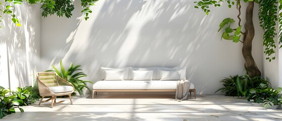 Wall Mural - white furniture and decoration of a home patio or garden transforms to green and life for home renovation and interior design concepts as wide banner mockup with copy space area