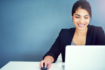 office, business woman or content writer with laptop for reading article, online blog and scroll. ca