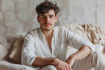 Handsome young man sitting on sofa on light background - generative ai