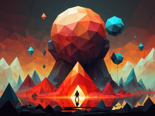 Wall Mural - Abstract concept drawing of game world with wild imagination, bold color and shape, featuring low poly design and dynamic environment.