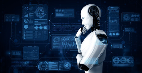 Wall Mural - mlp 3d illustration thinking ai humanoid robot analyzing hologram screen showing concept big data an