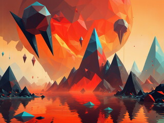 Wall Mural - Abstract concept drawing of game world with wild imagination, bold color and shape, featuring low poly design and dynamic environment.